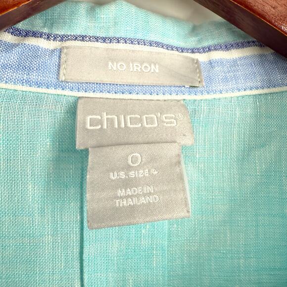Chicos 0 Sz Small US 4 100% Linen Aqua Blue Tropical Beach Blouse Shirt Top - Picture 2 of 7